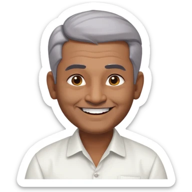 50 yr old indian man, dark skin, grey hair, big smile, white teeth, chubby, no moustache, clean shaven, young style hair, hair brushed back, 5 oclock shadow, bindy on forehead, dress shirt sticker