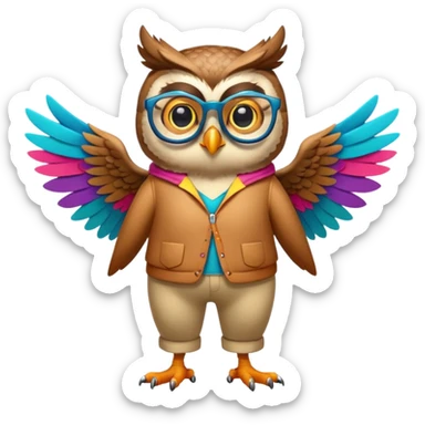 friendly anthropomorphised owl with wings instead of arms, colourful pants and shirt, wearing glasses, walking upright, unique pose 1 sticker