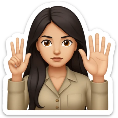 Hispanic woman with long hair, determined, hand out saying “no” sticker