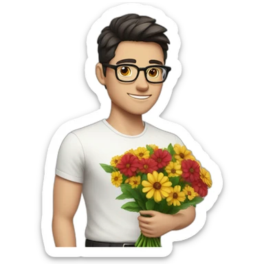 white skin guy with dark hair and glasses gives flowers sticker