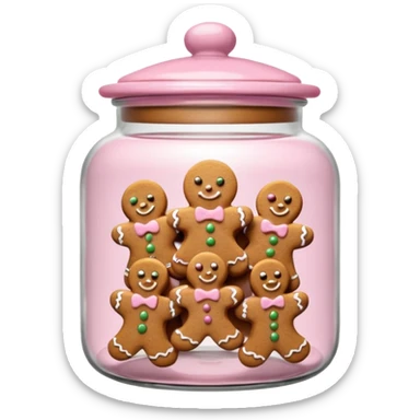 Realistic glass cookie jar with light pink lid full of gingerbread cookies isolated sticker
