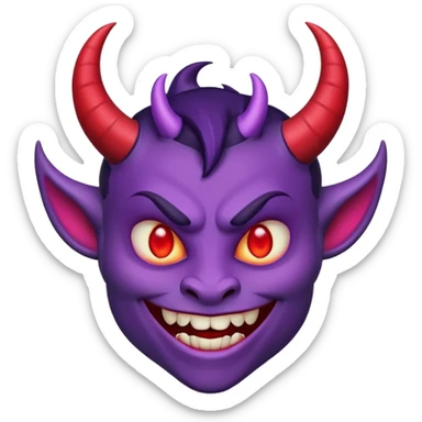 "Smiling face with horns devil emoji, purple skin, curved black horns, mischievous grin with fangs, pointed eyebrows, glowing red eyes, simple white background, cartoon emoji style, high detail, vibrant colors, isolated sticker