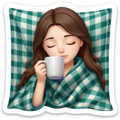 White girl brunette inside a flannel blanket sipping coffee eyes closed sticker