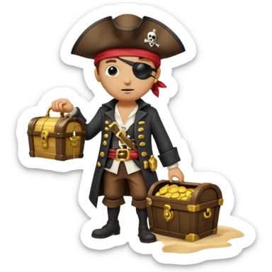 A 3D cartoon pirate character with one eye covered by a black eye patch, holding a treasure chest filled with gold coins and jewels, standing on sandy ground, wearing a pirate hat and coat, warm sunset lighting, realistic Memoji-style rendering. sticker