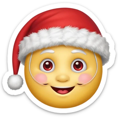 A yellow small smiling face wearing a red Santa hat with a pompom, rosy cheeks and twinkling eyes, conveying a warm, festive vibe. It should be a trolling smile. Like kappa. sticker