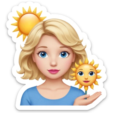 Girl Blonde short wavy hair,  blue eyes, cute blue top, long lashes, pink lips, holding the one sun   sticker