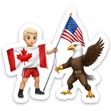 Canadian wearing a flag of Canada fighting an Eagle wearing an American flag sticker