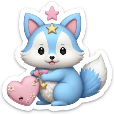 GENERATE ME A MOMONGA WHITE ANIMAL  FROM CHIIKAWA AND PUT A SAKURA FLOWER ON HIS HEAD AND A STAR PELT ON HIS BELLY AND A HEART PURSE ON HIS ARM WITH HIS FACE MAKE HIS TOUNGE STICK OUT WITH A LITTLEPINCH OFDROOL AND MAKE HIM ANIME STYLED ART GIVE HIM A BIG BLUE FLUFFY TAIL JUST TAIL sticker