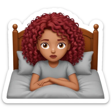 generate a pretty bratz brown skinned girl curly dark red hair, tired in bed in a grey tshirt bored. sticker