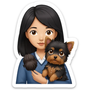 A couple holding holding a small Yorkshire Terrier together. The girl is an Asian girl with long, luscious wavy black hair (loose, no hair tie). She is standing beside a brown-skinned man with a short middle part haircut.  sticker