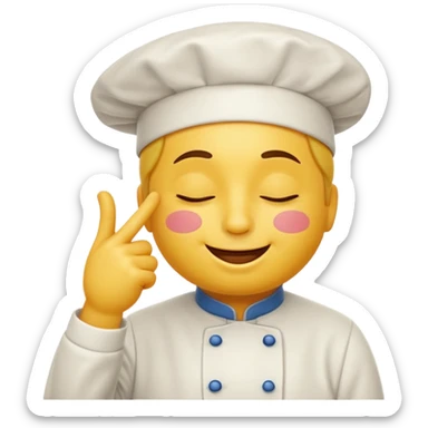 A classic yellow emoji face with closed eyes and a satisfied smile, kissing its fingertips (thumb and index finger) in the gesture of an Italian chef saying “Perfect!” or “Delizioso!”. The expression should look proud and pleased, as if the emoji just created something amazing. sticker