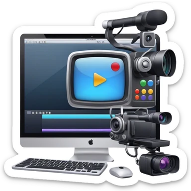 Create an emoji for video editing. Show a computer screen with a video timeline, clips, and editing tools (e.g., scissors). Add a video camera. Use modern, professional colors. Do not include any emojis or smiley faces. Make the background transparent sticker