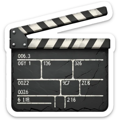 Minimalist emoji-style sticker of a cracked movie clapperboard with the date “06/06/66”, faint scorched marks, all in grayscale


 sticker