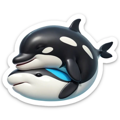 Meme-Worthy Cute Sleeping orca Portrait Emoji, Head resting peacefully with a contented smile, showcasing a smooth black-and-white body with gently drooping fins and eyes softly closed in serene slumber, Simplified yet adorably endearing features, highly detailed, glowing with a soft, drowsy deep-sea light, high shine, relaxed and utterly lovable, stylized with an air of playful oceanic laziness, soft glowing outline, capturing the essence of a sleeping orca that feels destined to become the next viral icon of adorable marine rest! sticker
