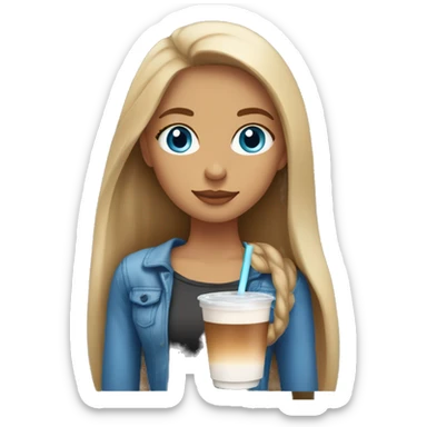 Girl with blue eyes long straight brown hair with blonde highlights sipping iced coffee sticker