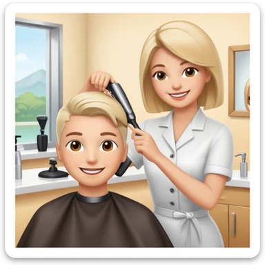 happy woman getting a haircut in a welcoming salon, both client and hairstylist smiling, no threatening elements sticker