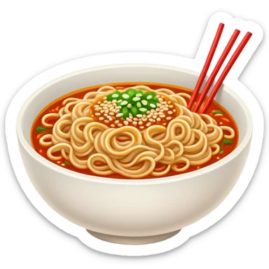 Wuhan hot dry noodles with sesame paste, simplified emoji style with bold outlines and bright colors, cartoon style Chinese noodle bowl sticker