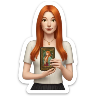 redhead white woman medium long straight hair, holding a tarot card in her hand sticker