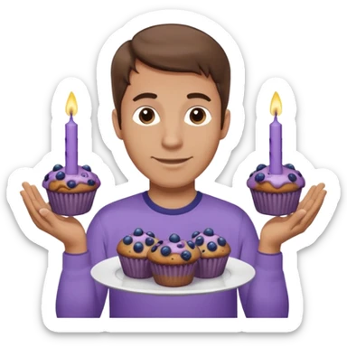 Make a white man with brown hair wearing a shirt that says happy b day Virginia holding a blueberry muffin with a birthday candle in it. Have him holding multiple muffins and no candles in hand. Have him wearing a purple shirt. He should still be a white guy in a light purple shirt sticker