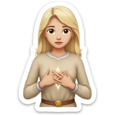 back of a blonde woman in front of a 2 crossroads paths ..places a hand on their chest, the light path, symbolizing their decision to respond instead of react with peace. light trail on mountains.. rock mountain sticker