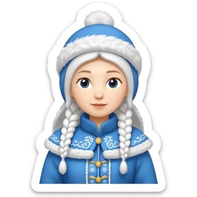 A cute Snow Maiden (Snegurochka) emoji, full body, standing in side view, wearing a traditional blue winter coat with white fur trim, long braid, and a kokoshnik-style winter hat. sticker