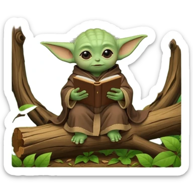 Baby Yoda con su tunica chocolate leyendo en un bosque sentado en una rama caida de un arbol sticker