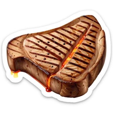 Cinematic thick-cut t-bone steak, perfectly seared with grill marks, a grilled center, rich and savory, warm glow, sizzling and mouthwatering, highly detailed and appetizing. sticker