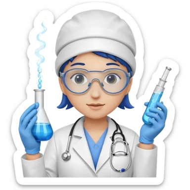 A person wearing safety goggles, a stethoscope, and a white coat. They are wearing blue protective gloves. In their hand, they are holding a test tube containing chemicals. sticker