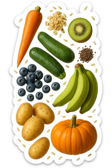 carota, fiocchi di avena, zucchine, kiwi, mirtilli, semi di chia, patate, banane acerbe, zucca, riso fluttuano in aria verticalmente, iperrealistici 4k sticker