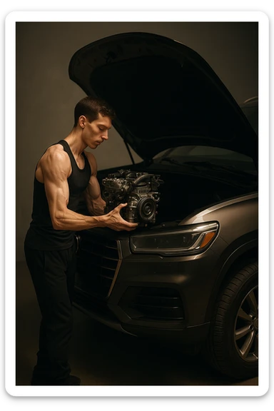 a lean, slimmed-down bodybuilder in gym clothes stands beside a large, imposing car (like an SUV or luxury sedan) with the hood open. Con attenzione e un po’ di fatica, solleva e installa un piccolo motore nel grande vano motore dell’auto. Il contrasto tra la stazza dell’auto e la dimensione ridotta sia del motore che del bodybuilder è evidente. L’atmosfera è riflessiva e simbolica. sticker