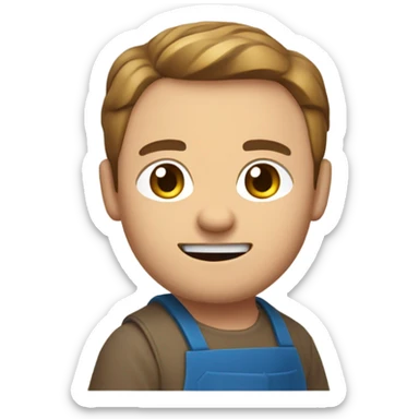 "A sturdy man with rough hands, short light brown hair, and a friendly, naive expression. He wears a work apron over simple clothes and holds a hammer or wood in a rustic workshop." sticker