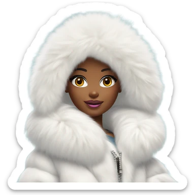 Barbie looking emoji  in an extremely big fluffy oversized white fur coat with hood on. The fur is real and it’s very obvious big and fluffy like in Pinterest  sticker