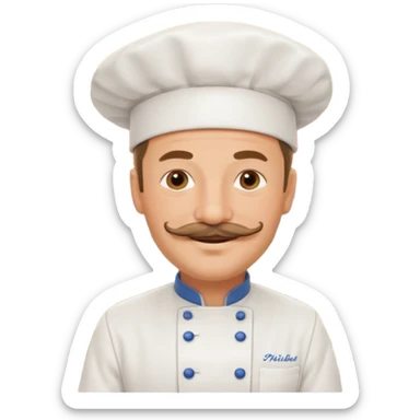 Est-ce que tu peux me faire un chef cuistot qui ressemble à Philippe Etchebest et qui est devant un restaurant? Est-ce que tu peux le faire souriant, avec une moustache de cuistot? 
 sticker