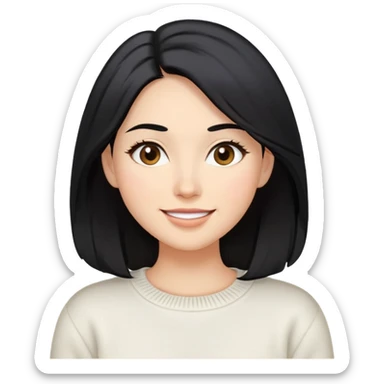 A woman with longer black hair, light to medium skin tone, full cheeks, and almond-shaped eyes, wearing a simple white sweater, joyful and radiant expression, cheerful. sticker