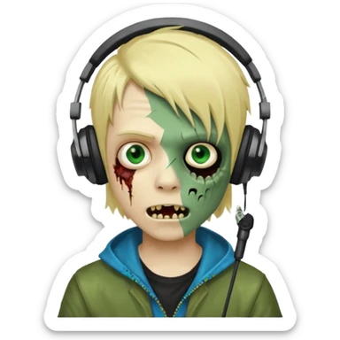 boy zombie whit blonde emo hair and eyes blue and GREEN SKIN and heandphones and a microfone and gold teeth sticker