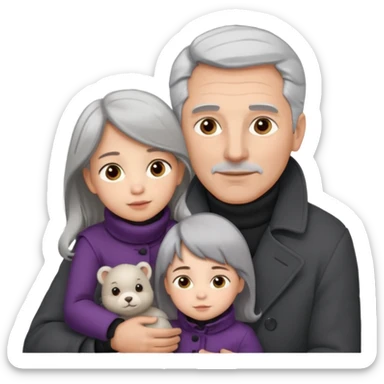 A father with silver-grey hair styled neatly and a clean-shaven face, wearing a dark turtleneck and wool coat, holding his girl child gently.  sticker