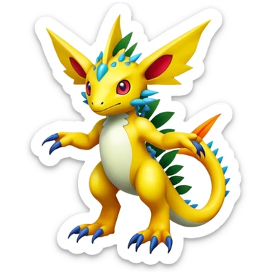 exotic tropical Fakémon-Pokémon-Digimon-hybrid-creature, full body, with markings sticker