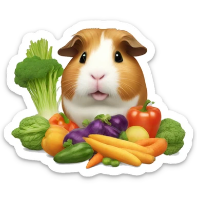 Guineapig eating a huge pile of veggies and fruit sticker