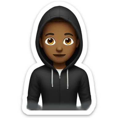 A brown-skinned person who works as a programmer wears a black hoodie sticker