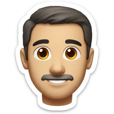 portrait of a man with an oval-shaped face and soft, balanced features. He has short dark hair, neatly styled upwards, and warm brown eyes with a friendly, slightly squinted expression. sticker