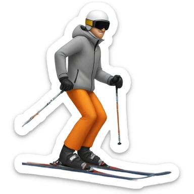 white man skiing wearing an GREY JACKET and a BLACK HELMET and wearing ORANGE PANTS sticker