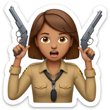 the woman emoji with brown hair and tan skin choking herself  with both hands around her neck with her mouth open and two arms from behind her holding a gun in each hand point directly at her head sticker