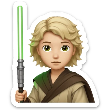 Young jedi with dark brown eyes and sandy blonde wavy short hair holding a green light saber.  sticker