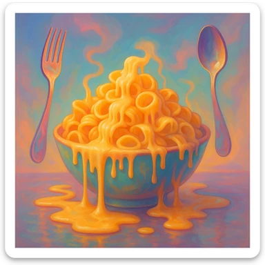 a bowl of orecchiette pasta with surreal elements, such as melting noodles, floating utensils, and whimsical colors sticker