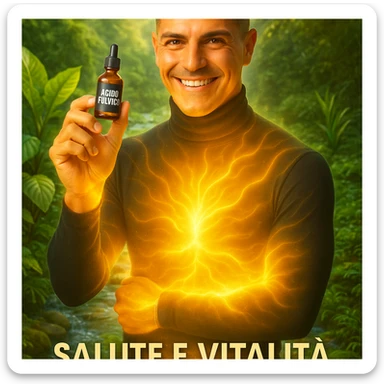 Uomo con il viso del riferimento, tiene una boccetta 'acido fulvico', energia luminosa su addome e pelle, ambiente naturale, elementi di benessere come piante e acqua, atmosfera rigenerante, testo in italiano. sticker
