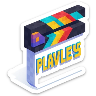 voxel style movie clapperboard with the text 'PLAVLEYS', white body, black lid, isometric view sticker