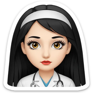 Nurse, long hair,black hair, black eyes, false eyelashes,eyeliner,  sticker