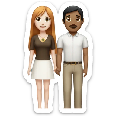 a married couple standing beside eachother, one has pale skin and long straight ginger hair with bangs and blue eyes, the other person is a man that is mexican and has straight chin length black hair with brown eyes sticker