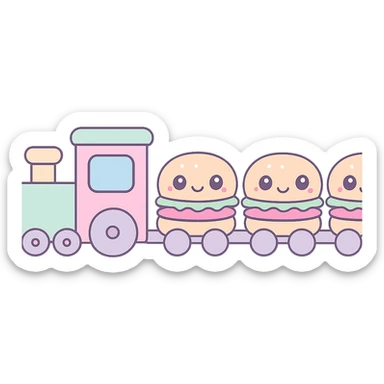 kawaii hamburger train, cute faces on burger buns, pastel colors, adorable and friendly sticker