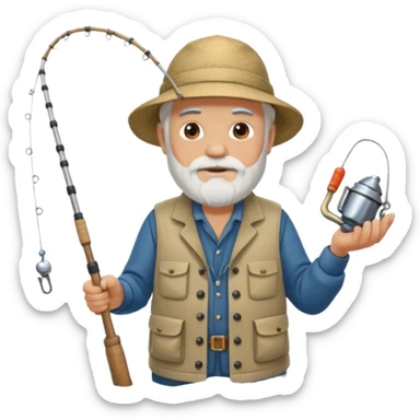 an old white haired, bearded man in fisherman attire, sat in a big boat on the ocean, holding one fishing rod in one hand, with the end of the fishing line touching the water sticker